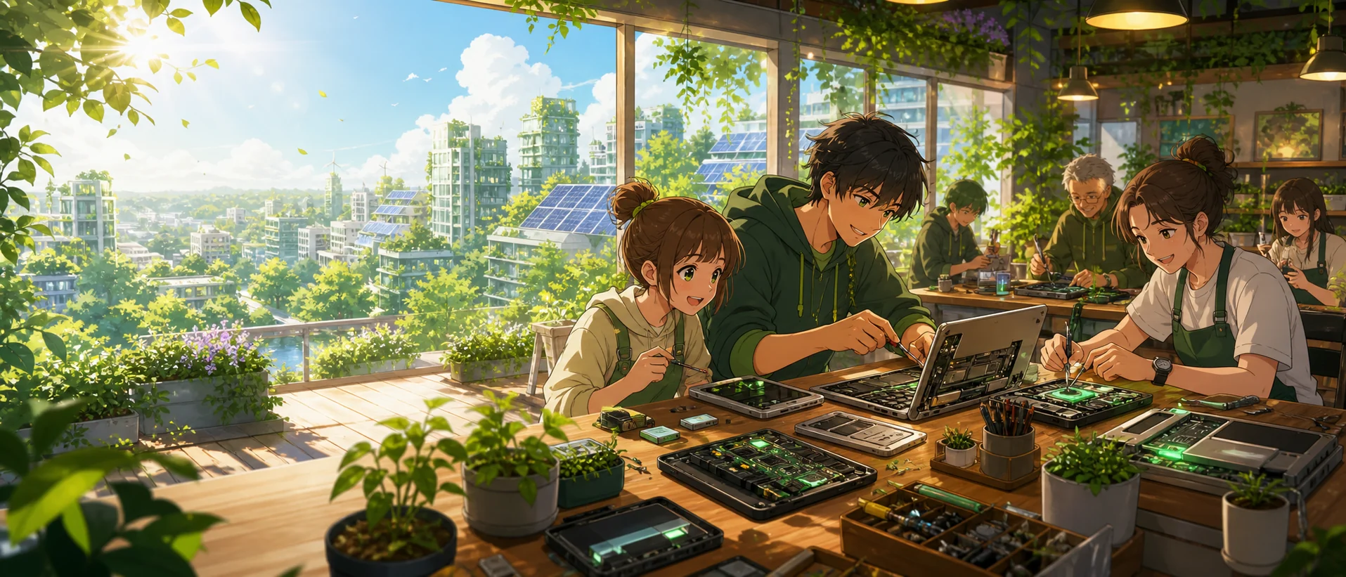 Anime-artige Green-IT-Werkstatt mit Menschen, Pflanzen und reparierter Technik