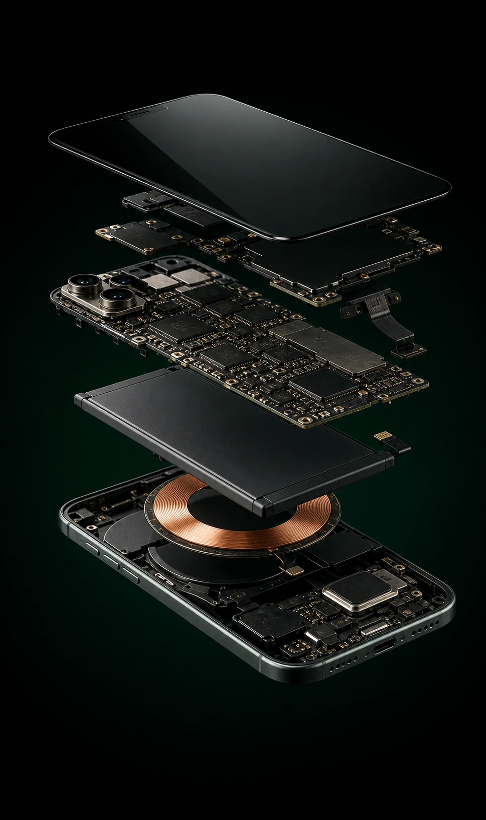 Explodiertes Smartphone mit Display, Platine, Akku und Ladespule